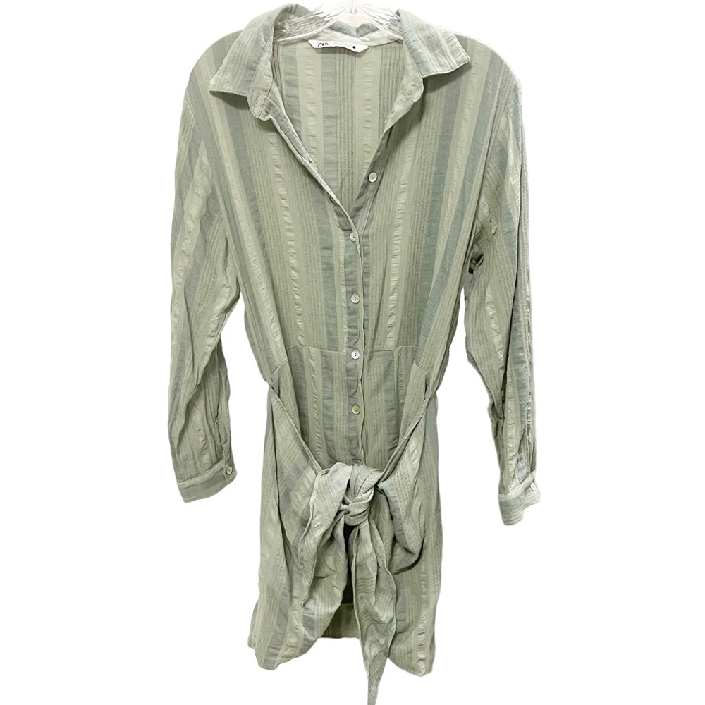 Zara women’s button up wrap dress size S green striped - Picture 2 of 11